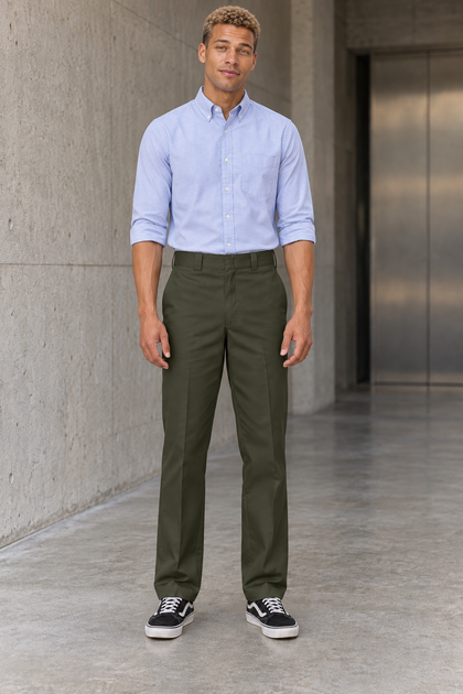 Olive Green — AI-generated adult male model, Front view, Dickies Original 874 work pants; ModelGems for Zar Clothing