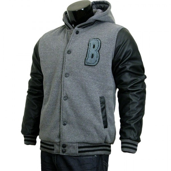 Varsity Jacket - Baseball Jacket - Letterman Jacket Men's Gray Fleece Body and Black Pleather Sleeves with Letter 'B'