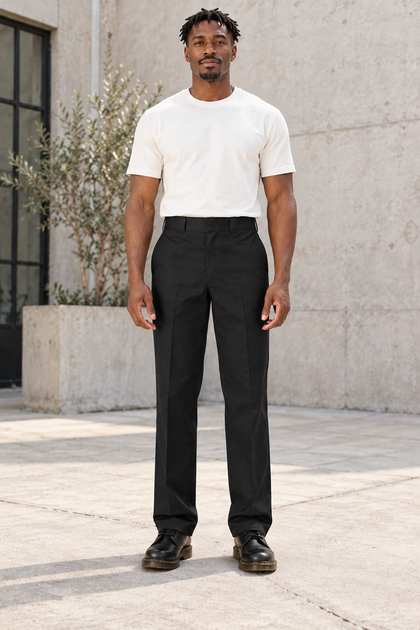 Black — AI-generated adult male model, Front view, Dickies Original 874 work pants; ModelGems for Zar Clothing