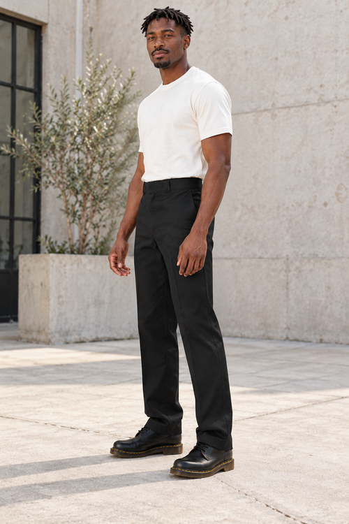 Black — AI-generated adult male model, Left front quarter view, Dickies Original 874 work pants; ModelGems for Zar Clothing