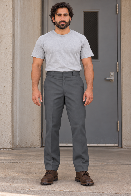 Charcoal Gray — AI-generated adult male model, Front view, Dickies Original 874 work pants; ModelGems for Zar Clothing