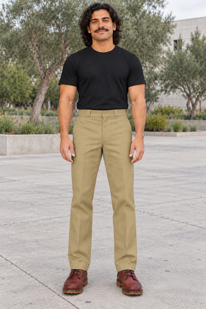 Khaki — AI-generated adult male model, Front view, Dickies Original 874 work pants; outdoor courtyard, natural daylight; ModelGems for Zar Clothing