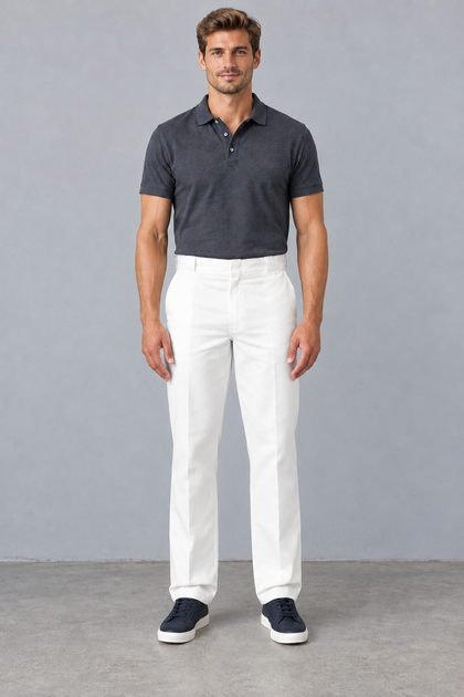 White — AI-generated adult male model, Front view, Dickies Original 874 work pants; ModelGems for Zar Clothing