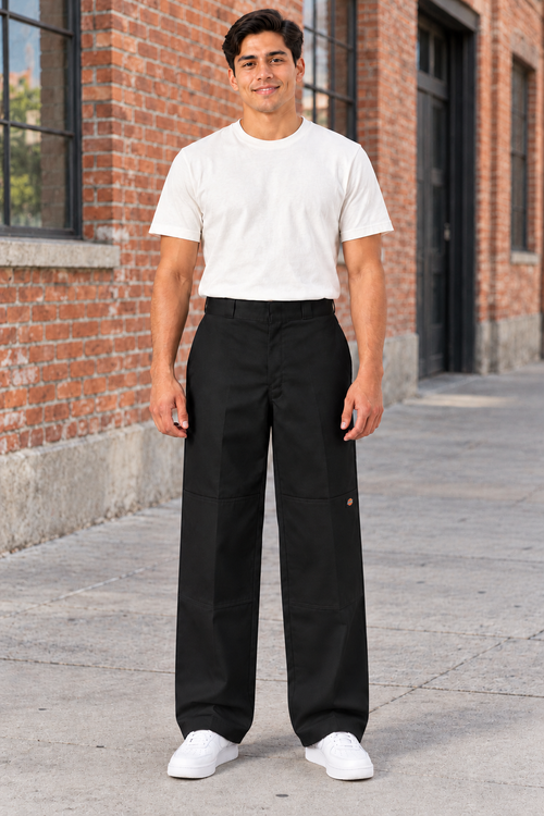 Black — AI-generated adult male model, front view, Dickies Loose Fit Double Knee Work Pants; straight-leg drape, original length, outdoor natural light; ModelGems for Zar Clothing