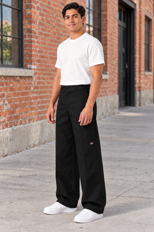 Black — AI-generated adult male model, left front quarter view, Dickies Loose Fit Double Knee Work Pants; loose straight leg to hem, outdoor lifestyle, natural light; ModelGems for Zar Clothing