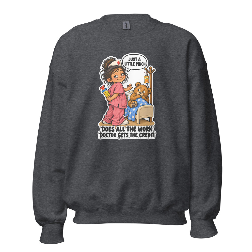 Nurse Nelly crewneck sweatshirt in Dark Heather, front view