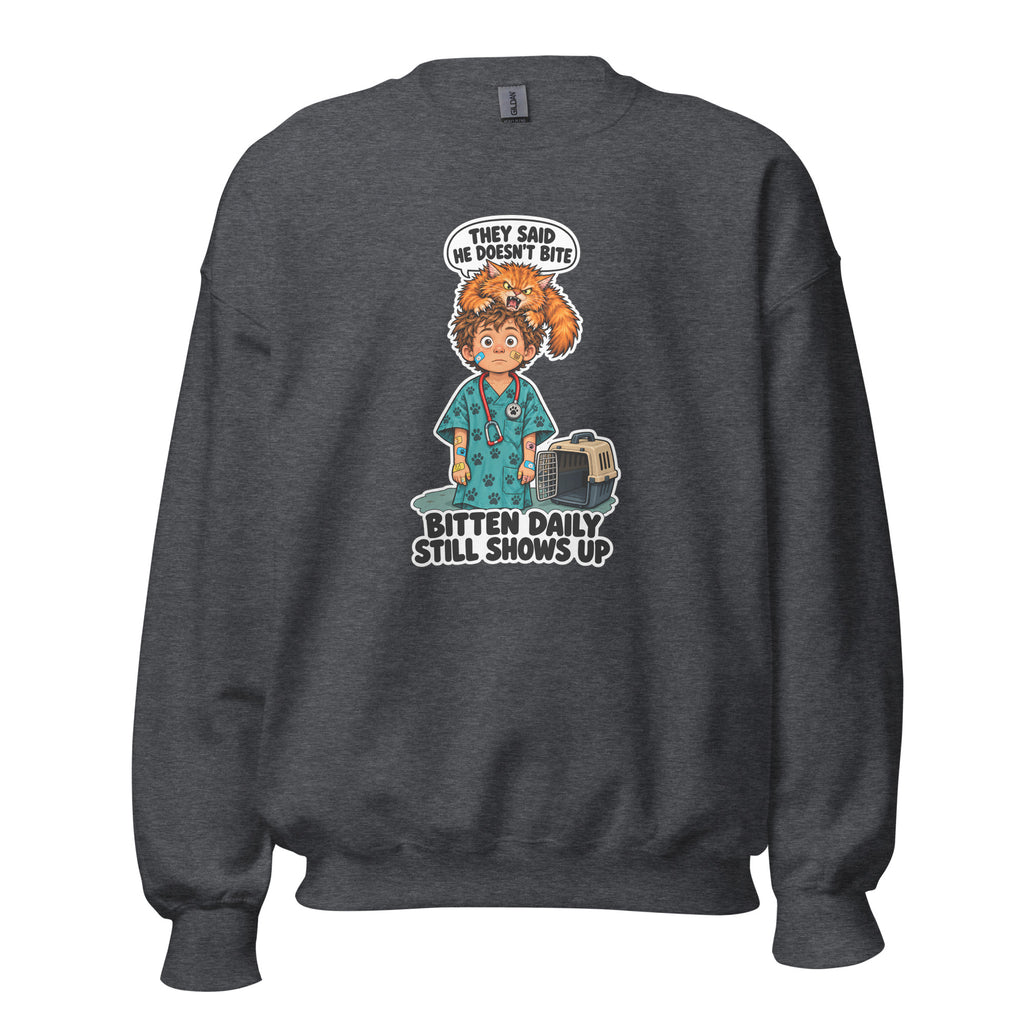 Vet Vinny crewneck sweatshirt in Dark Heather, front view