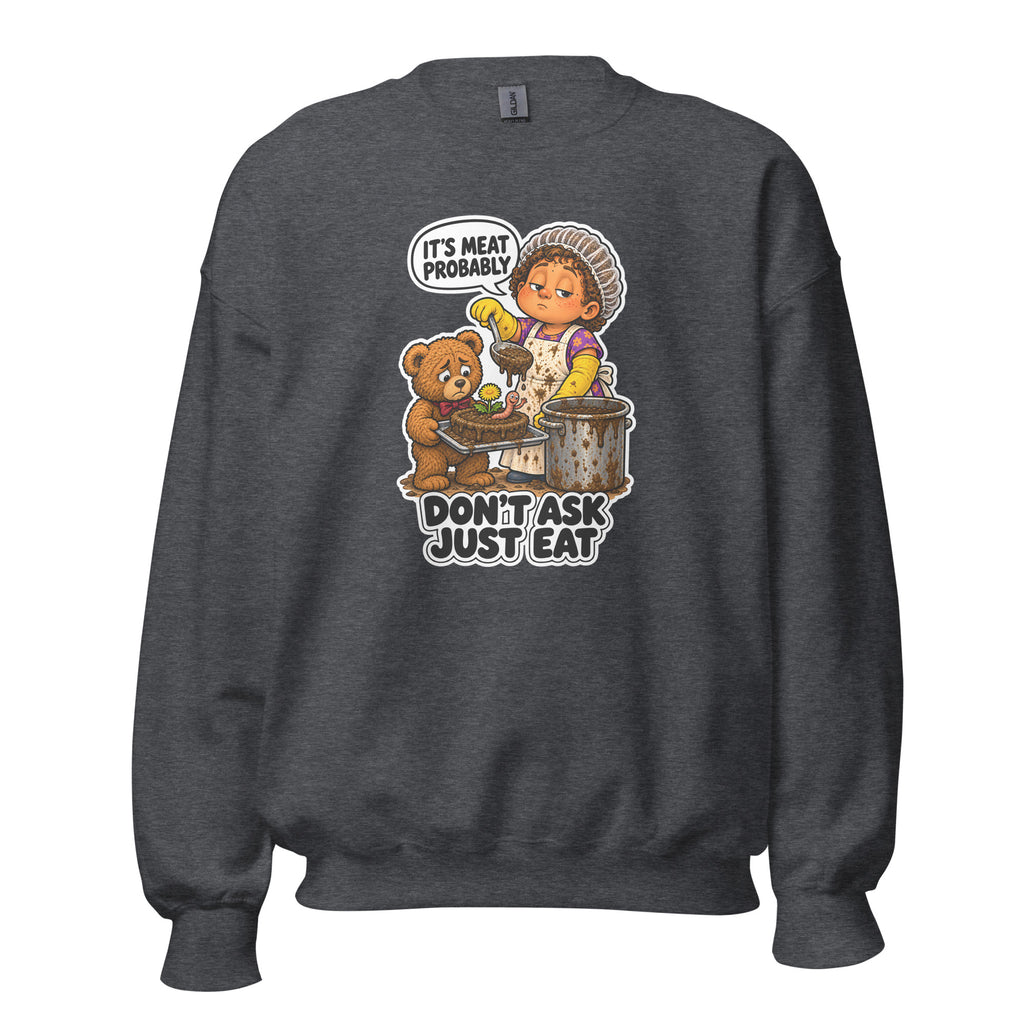 Lunch Lady Lou crewneck sweatshirt in Dark Heather, front view