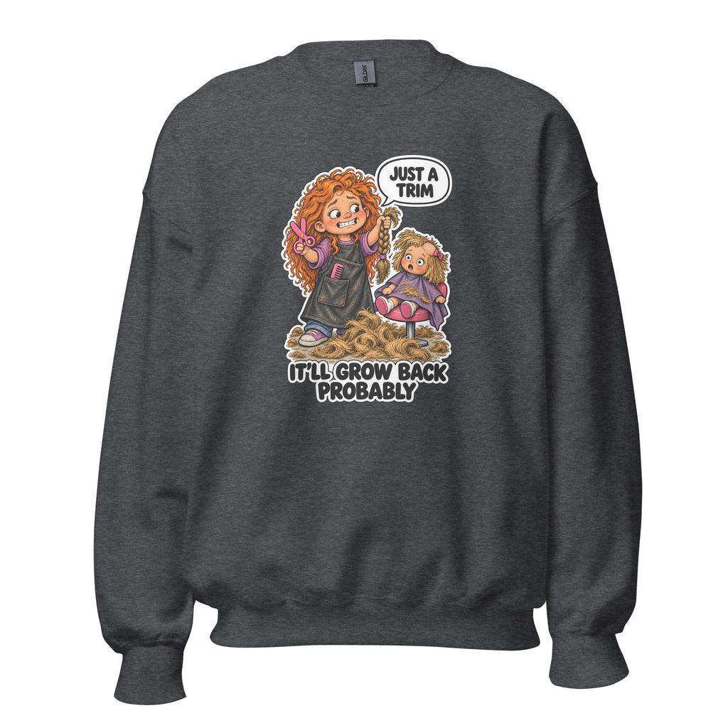 Hairdresser Holly crewneck sweatshirt in Dark Heather, front view