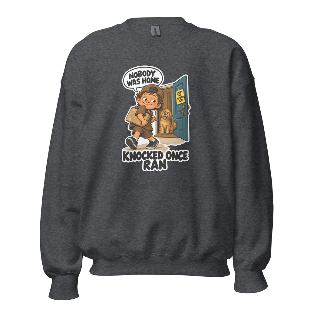 Delivery Dex crewneck sweatshirt in Dark Heather, front view