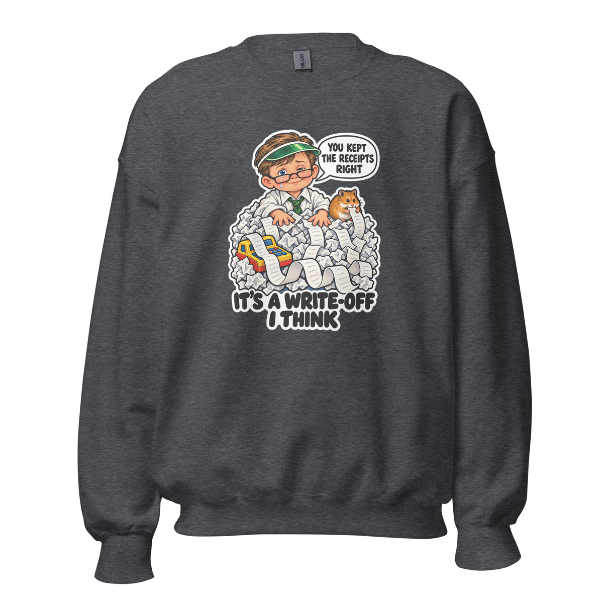 Accountant Andy crewneck sweatshirt in Dark Heather, front view
