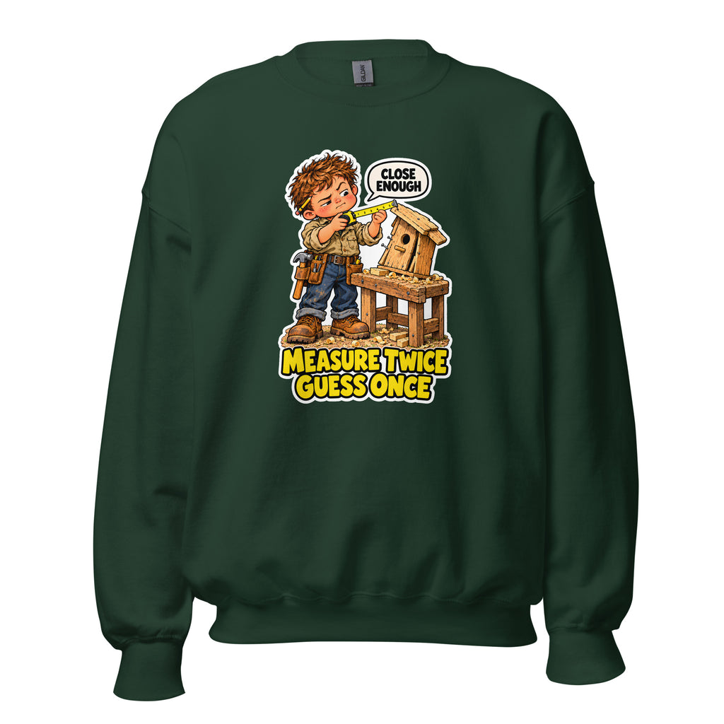 Measure Twice Milo crewneck sweatshirt in Forest Green, front view