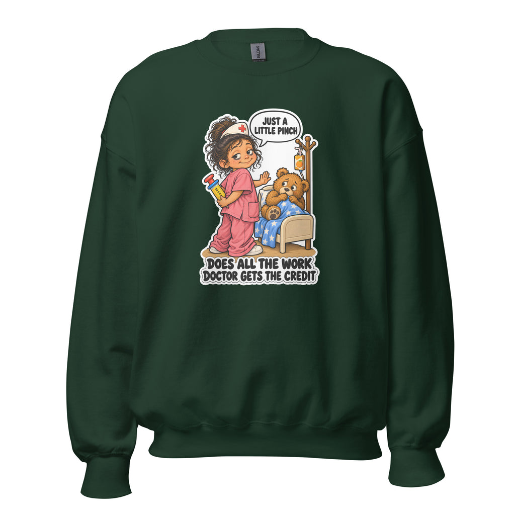 Nurse Nelly crewneck sweatshirt in Forest Green, front view