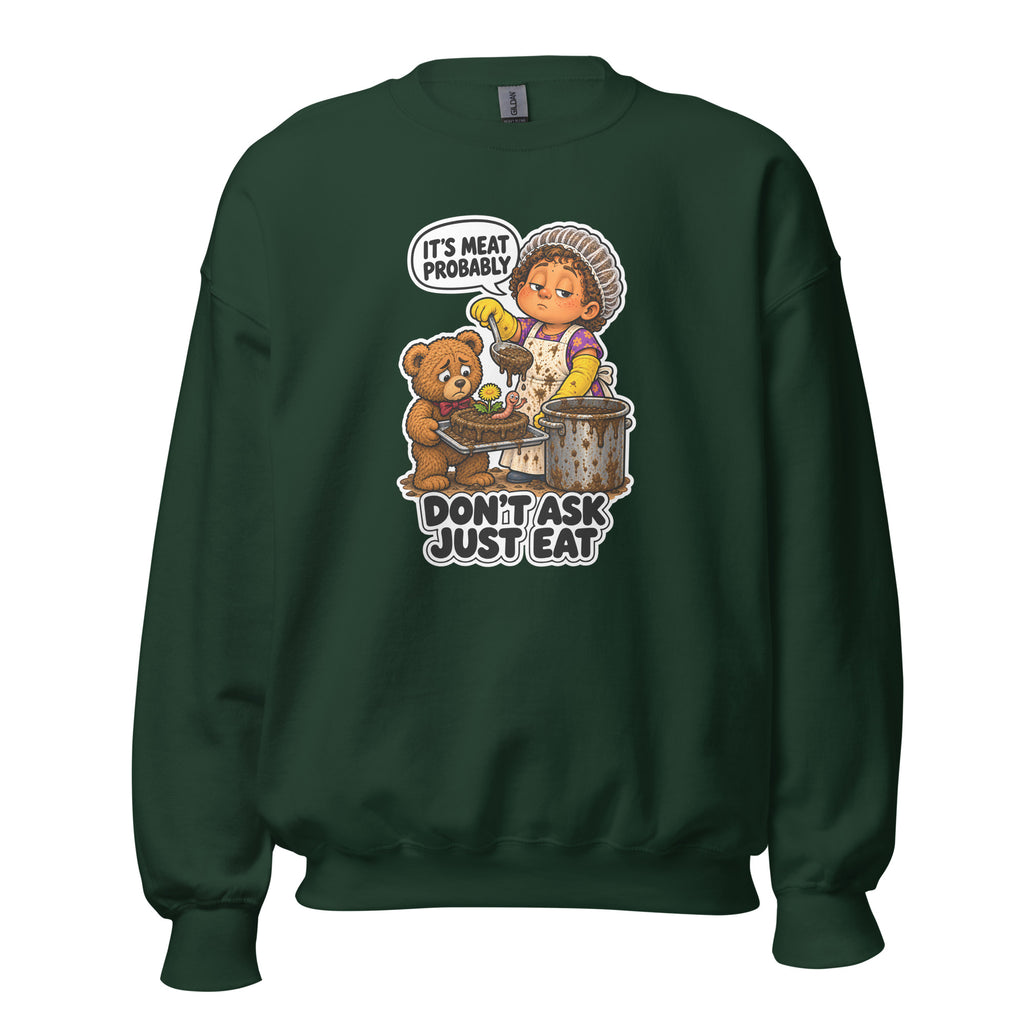 Lunch Lady Lou crewneck sweatshirt in Forest Green, front view