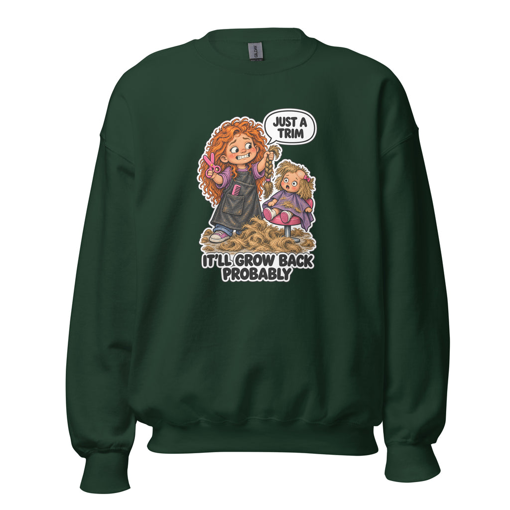 Hairdresser Holly crewneck sweatshirt in Forest Green, front view