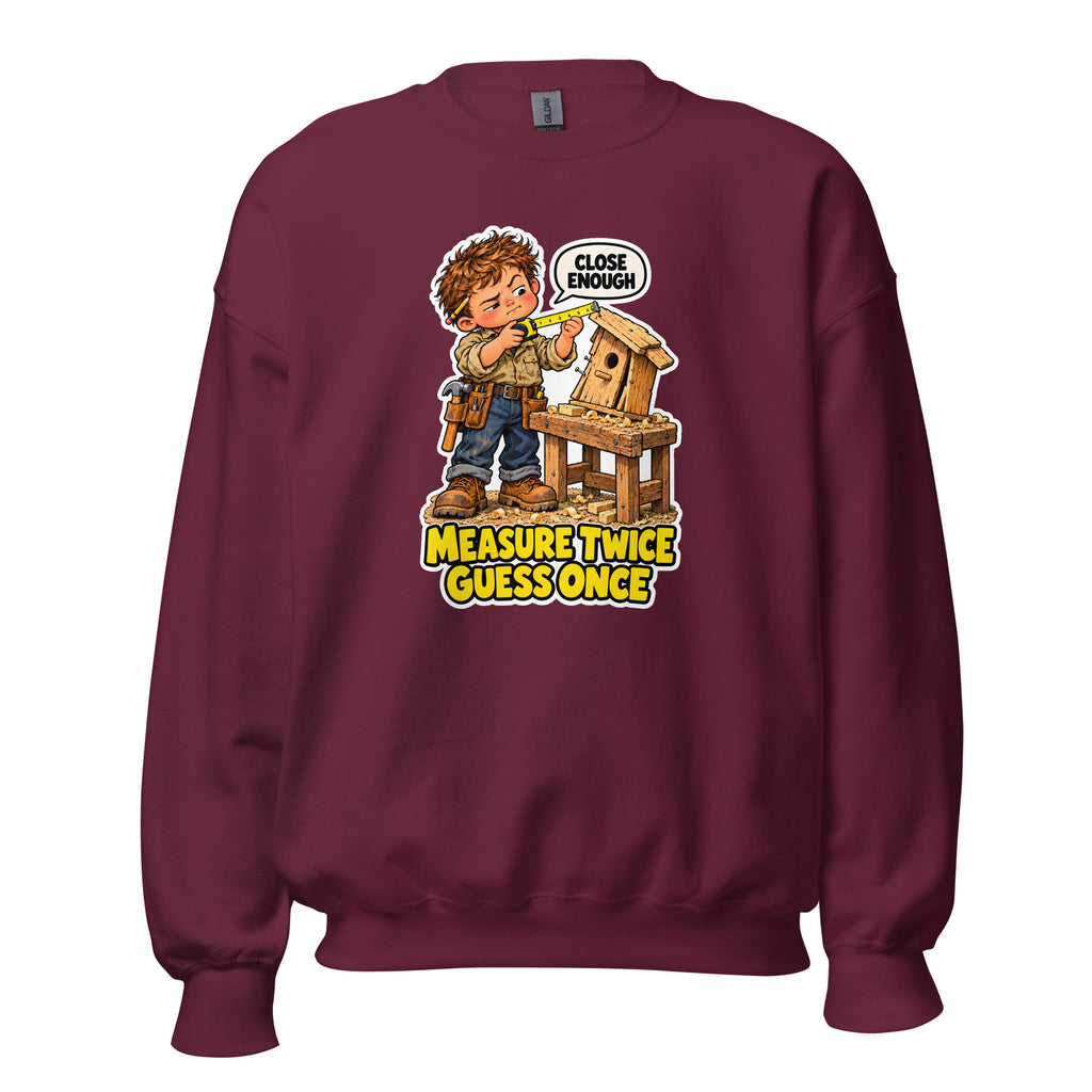 Measure Twice Milo crewneck sweatshirt in Maroon, front view