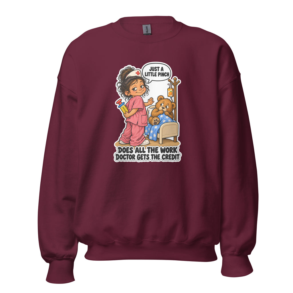 Nurse Nelly crewneck sweatshirt in Maroon, front view