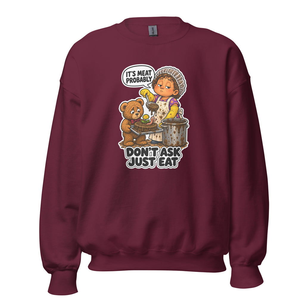 Lunch Lady Lou crewneck sweatshirt in Maroon, front view