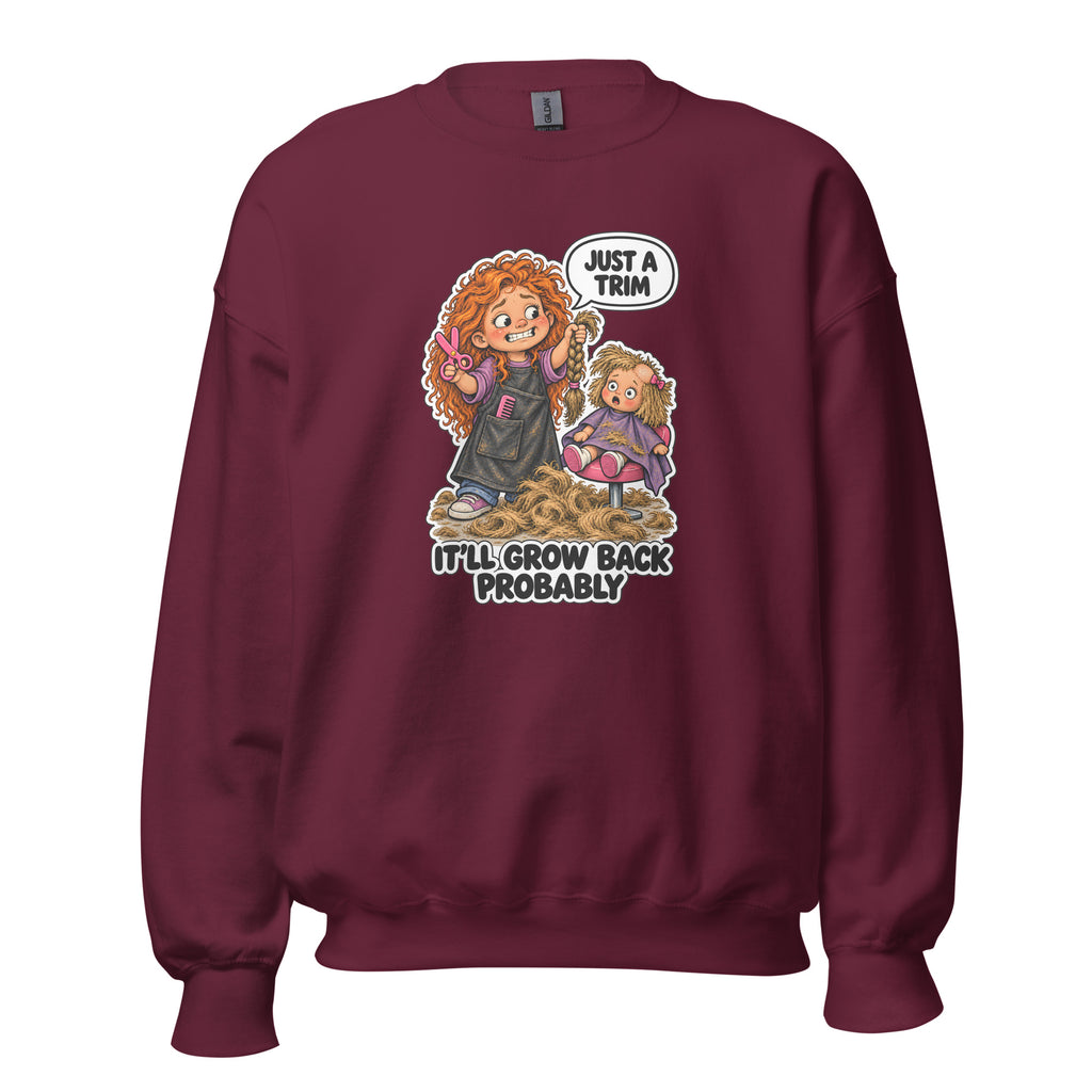 Hairdresser Holly crewneck sweatshirt in Maroon, front view