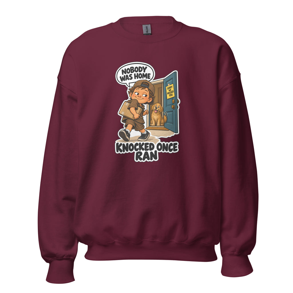 Delivery Dex crewneck sweatshirt in Maroon, front view