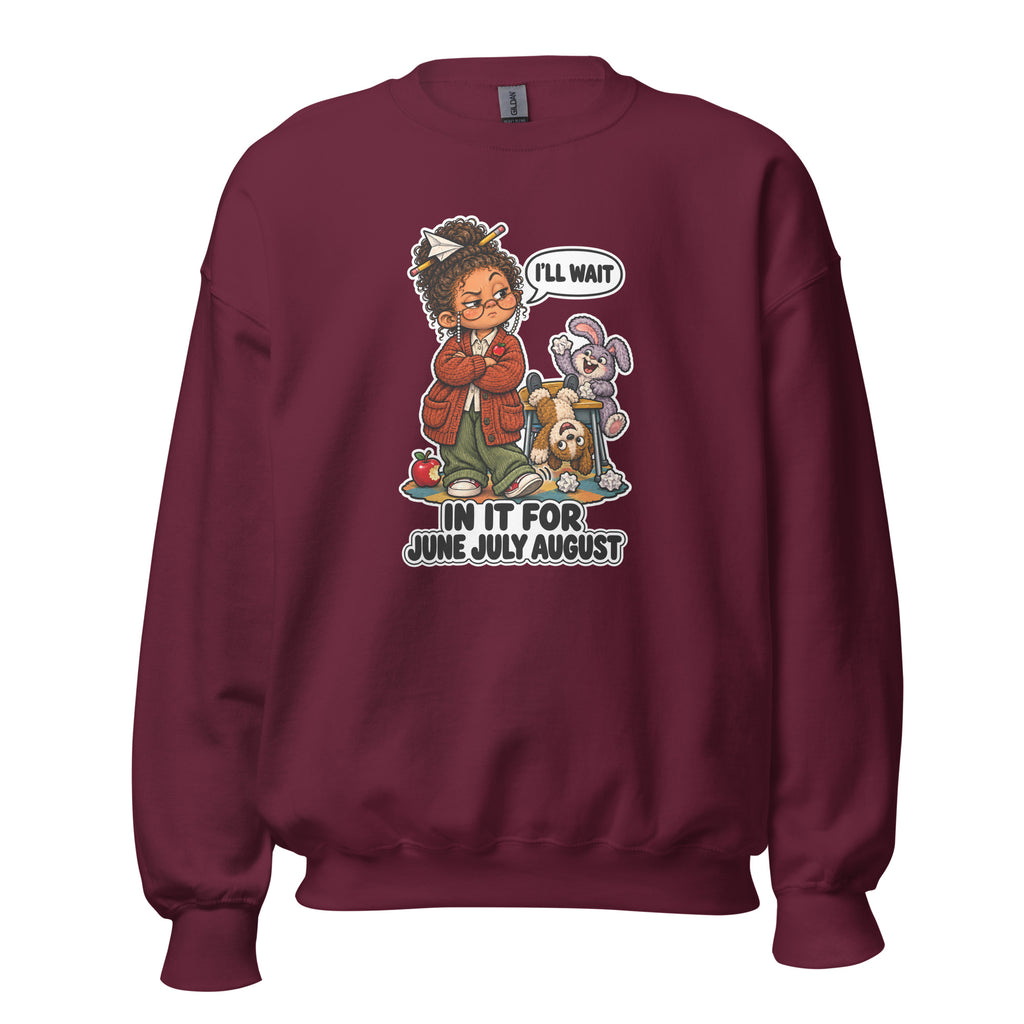 Teacher Trudy crewneck sweatshirt in Maroon, front view