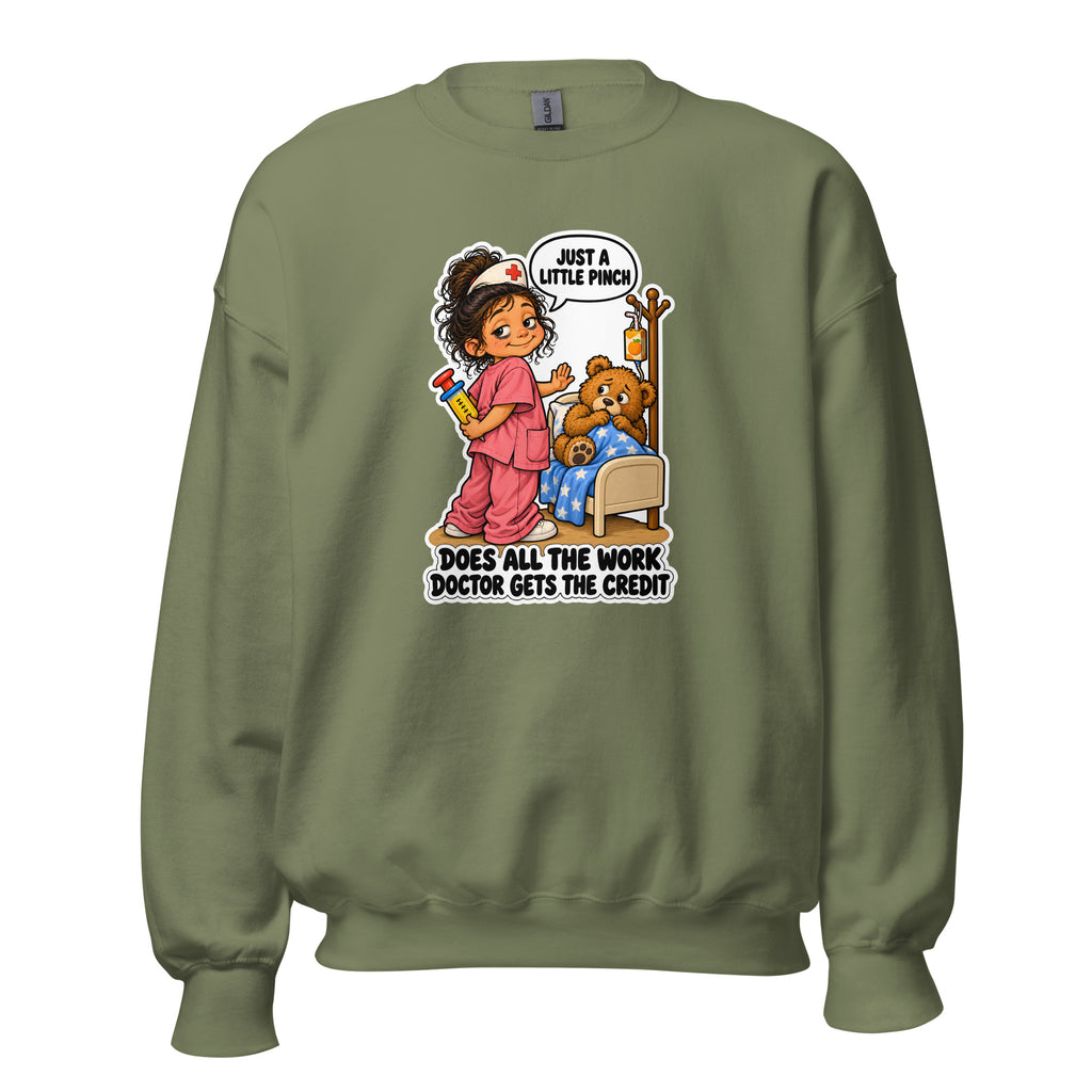 Nurse Nelly crewneck sweatshirt in Military Green, front view