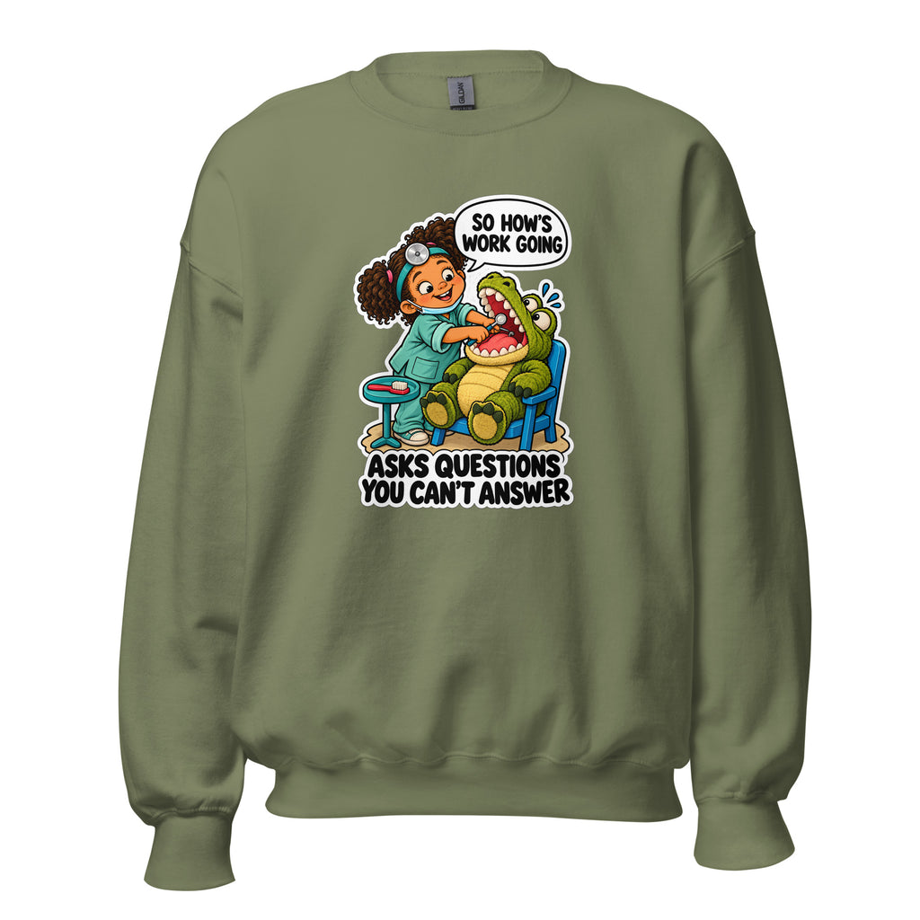 Dentist Dottie crewneck sweatshirt in Military Green, front view
