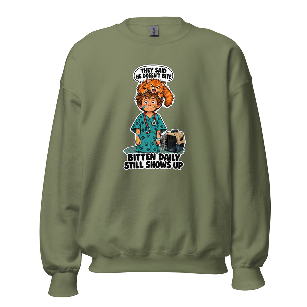 Vet Vinny crewneck sweatshirt in Military Green, front view