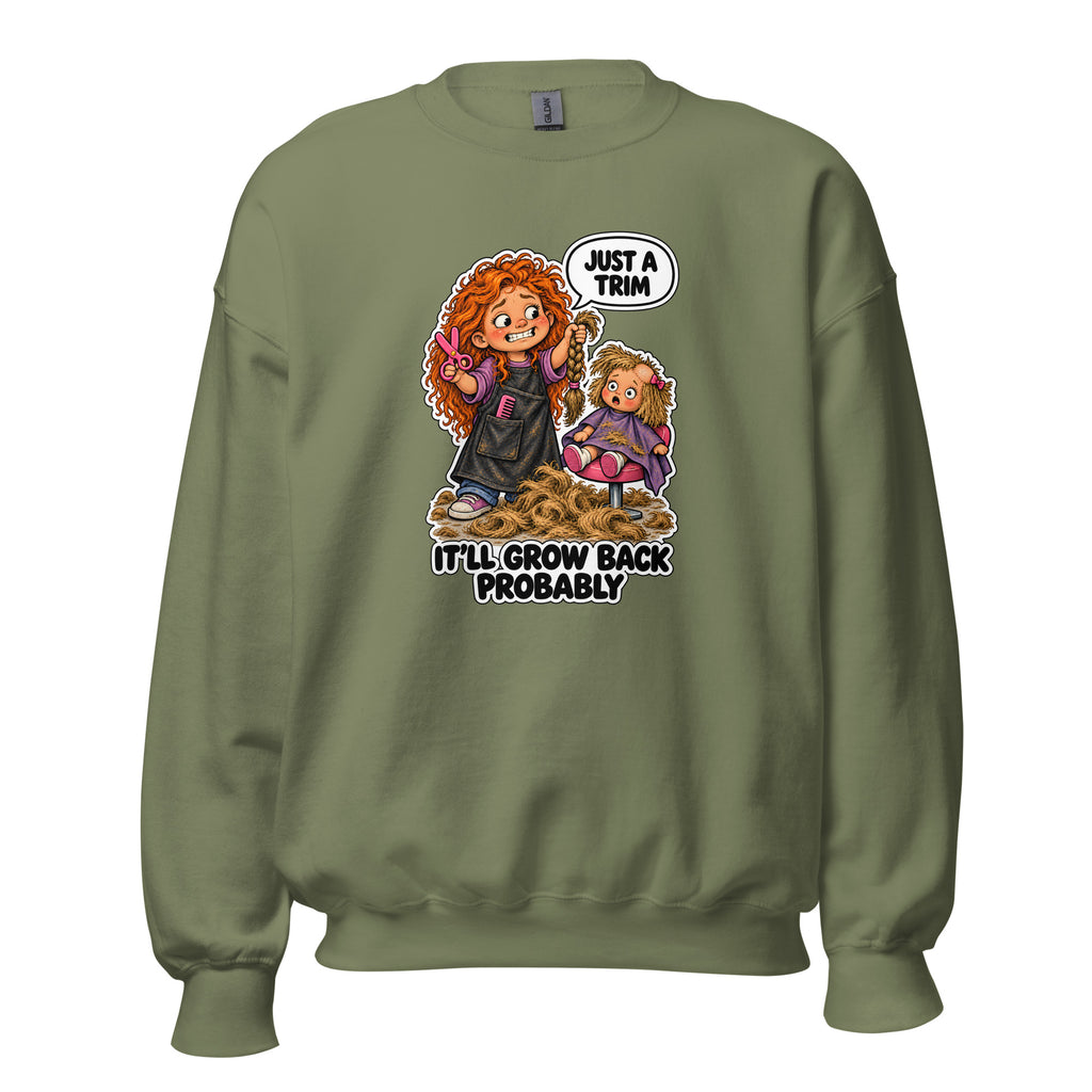Hairdresser Holly crewneck sweatshirt in Military Green, front view