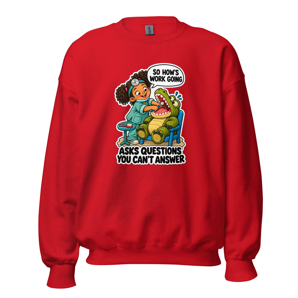 Dentist Dottie crewneck sweatshirt in Red, front view