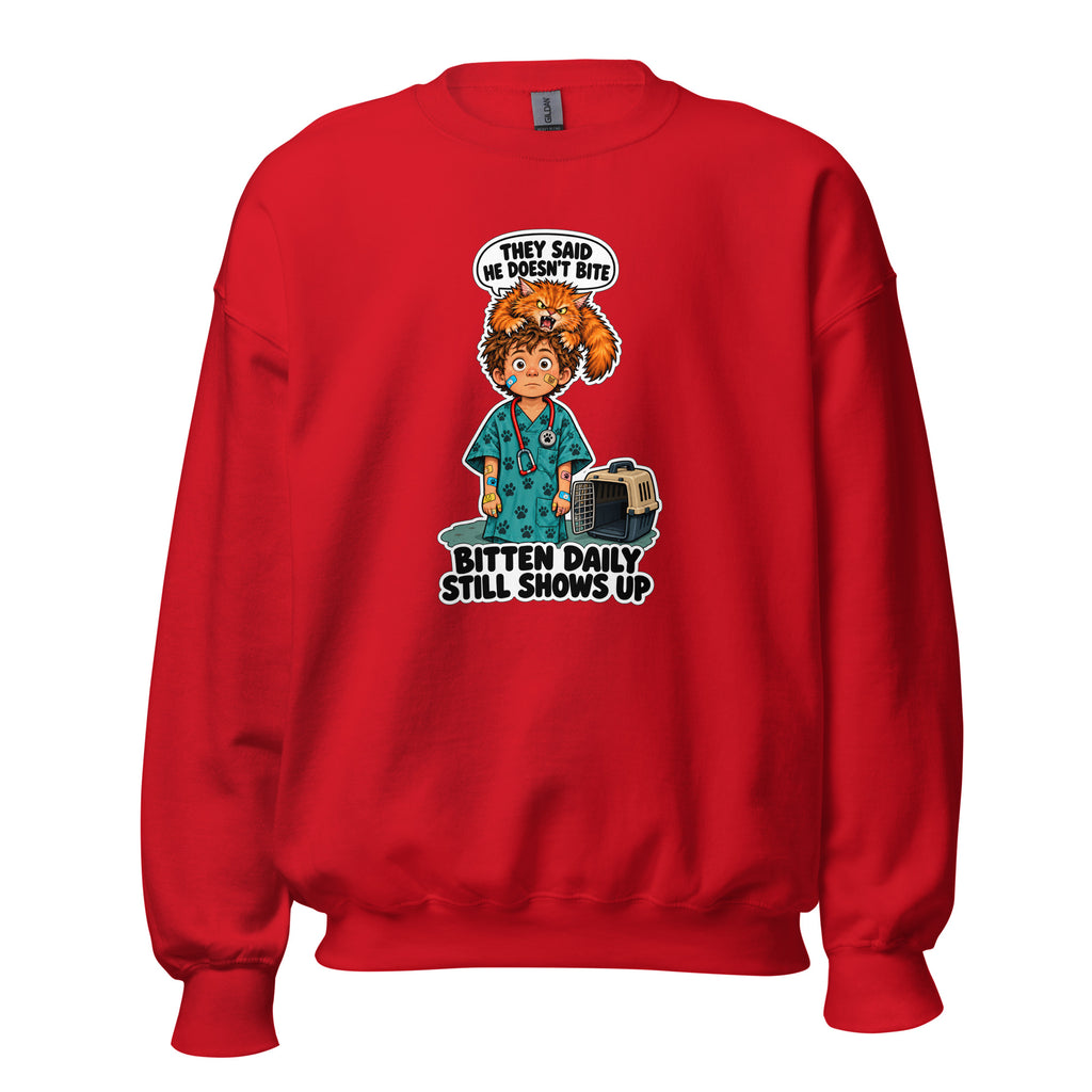 Vet Vinny crewneck sweatshirt in Red, front view
