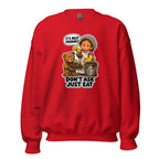 Lunch Lady Lou crewneck sweatshirt in Red, front view