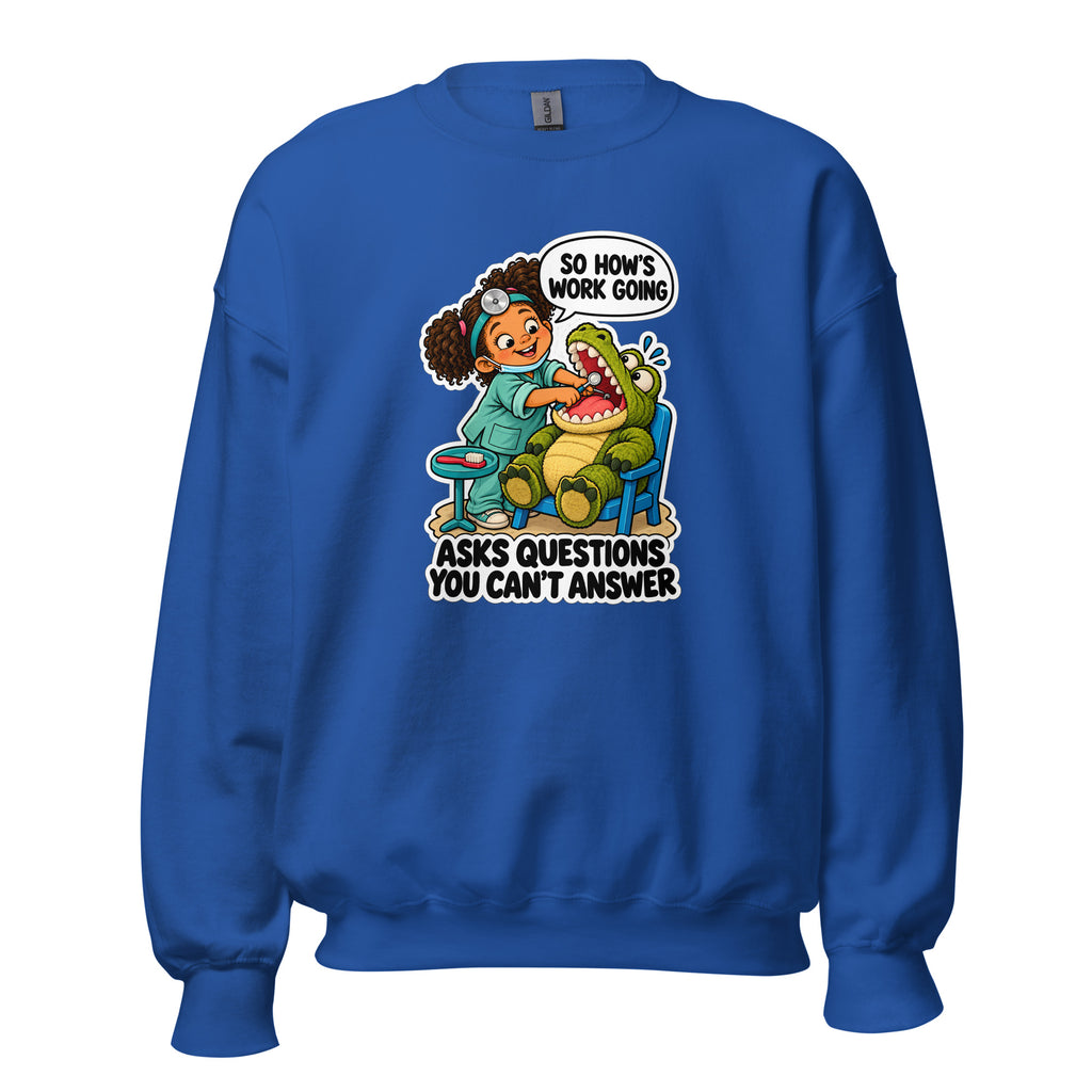 Dentist Dottie crewneck sweatshirt in Royal, front view