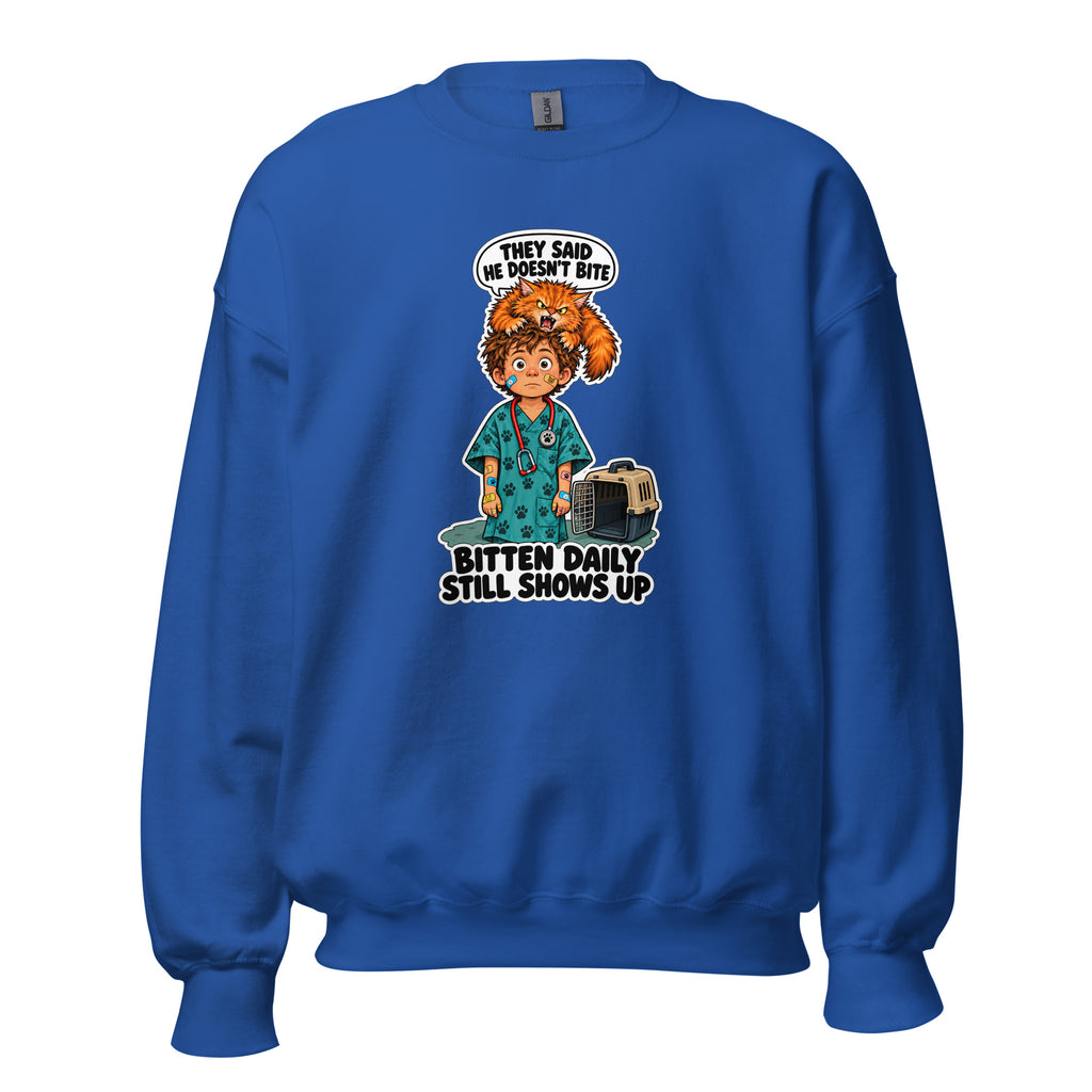 Vet Vinny crewneck sweatshirt in Royal, front view