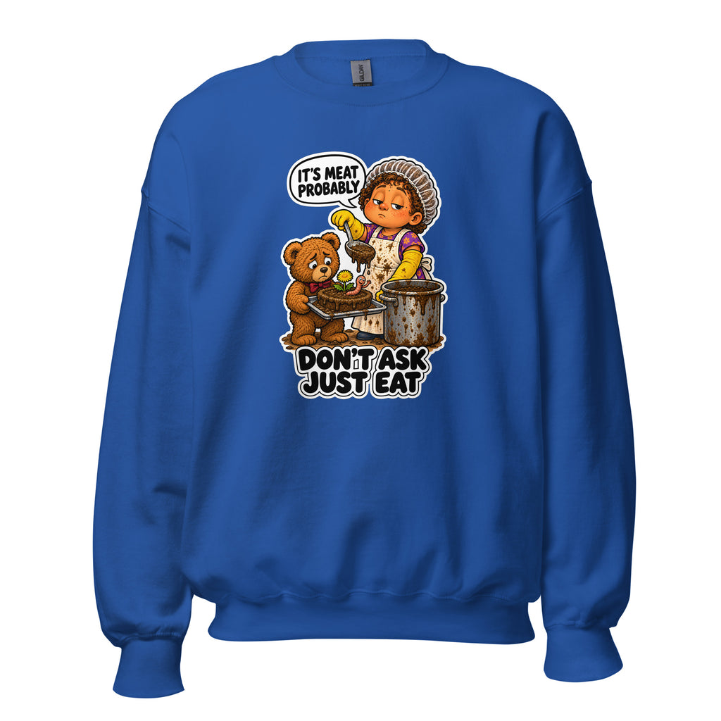 Lunch Lady Lou crewneck sweatshirt in Royal, front view