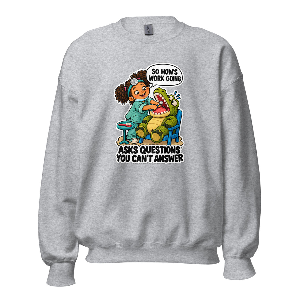 Dentist Dottie crewneck sweatshirt in Sport Grey, front view
