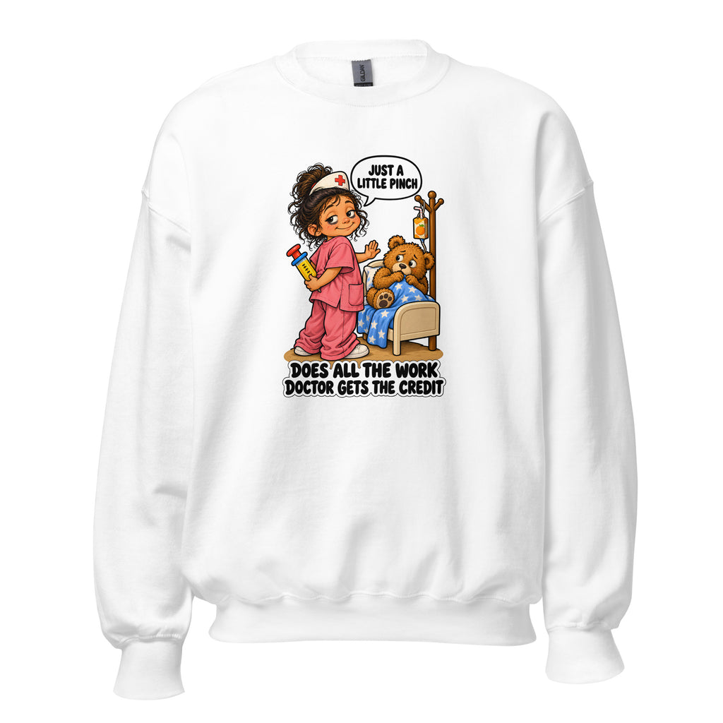 Nurse Nelly crewneck sweatshirt in White, front view