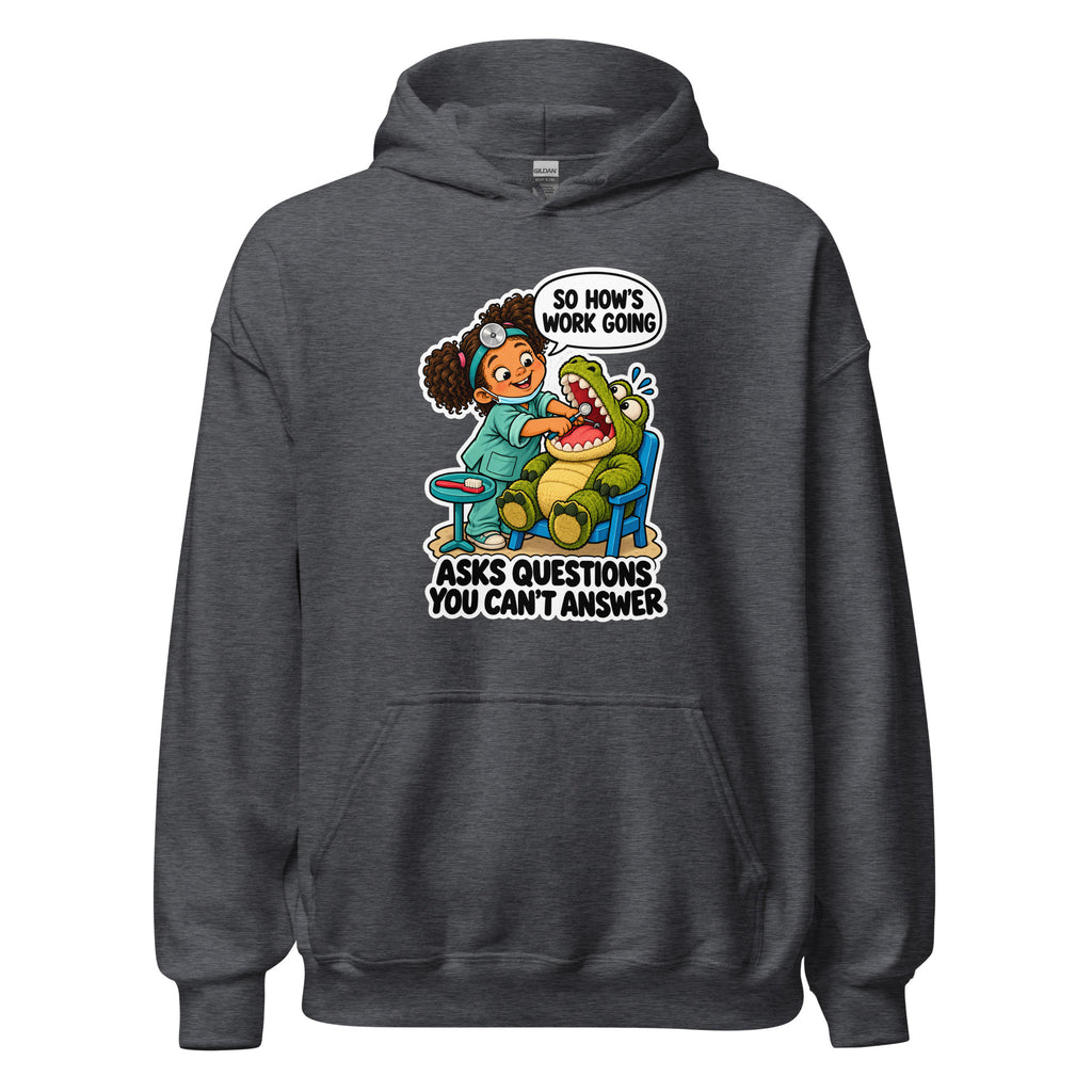 Dentist Dottie hoodie in Dark Heather, front view
