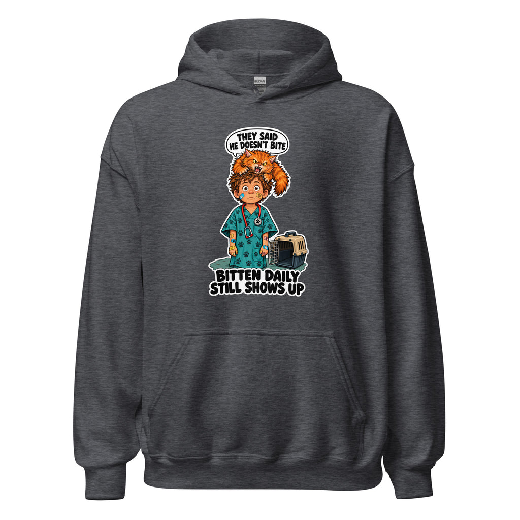Vet Vinny hoodie in Dark Heather, front view