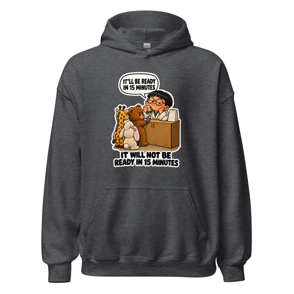 Pharmacist Phil hoodie in Dark Heather, front view