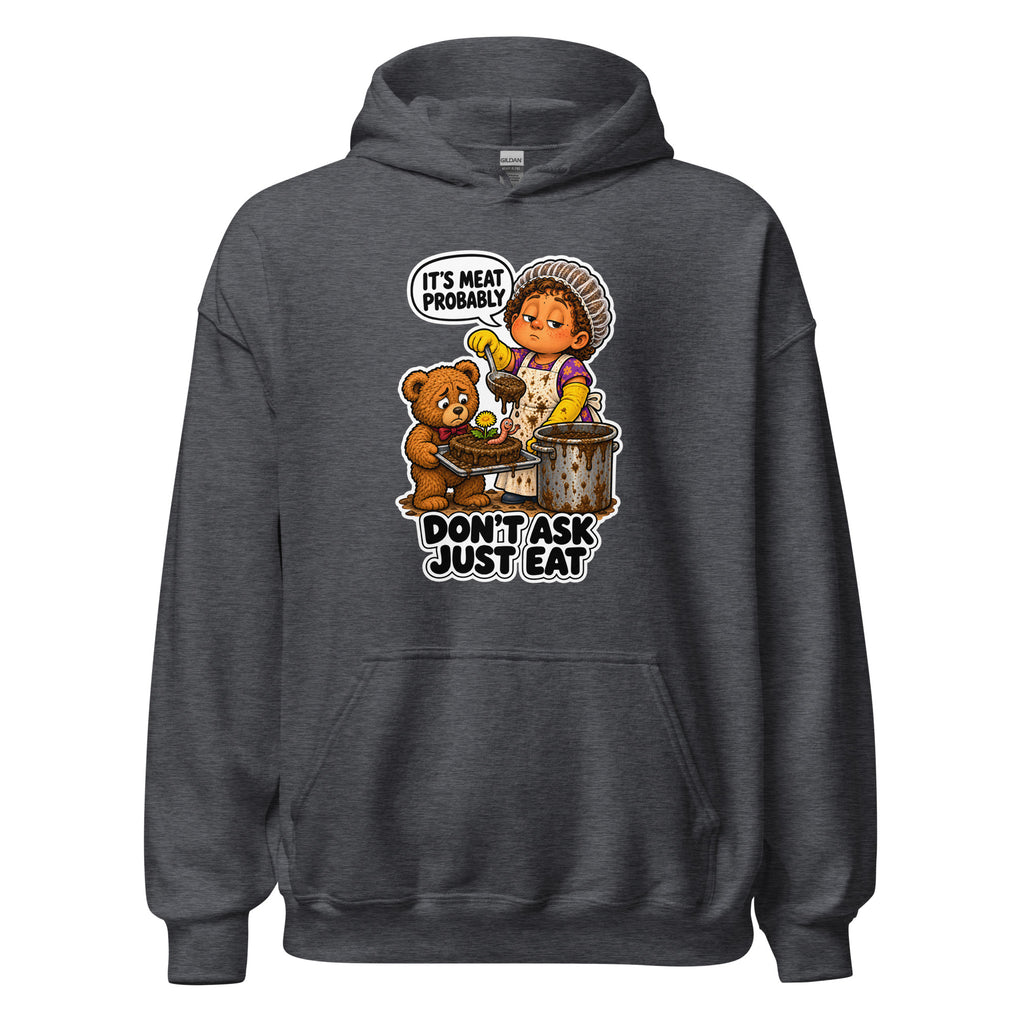 Lunch Lady Lou hoodie in Dark Heather, front view