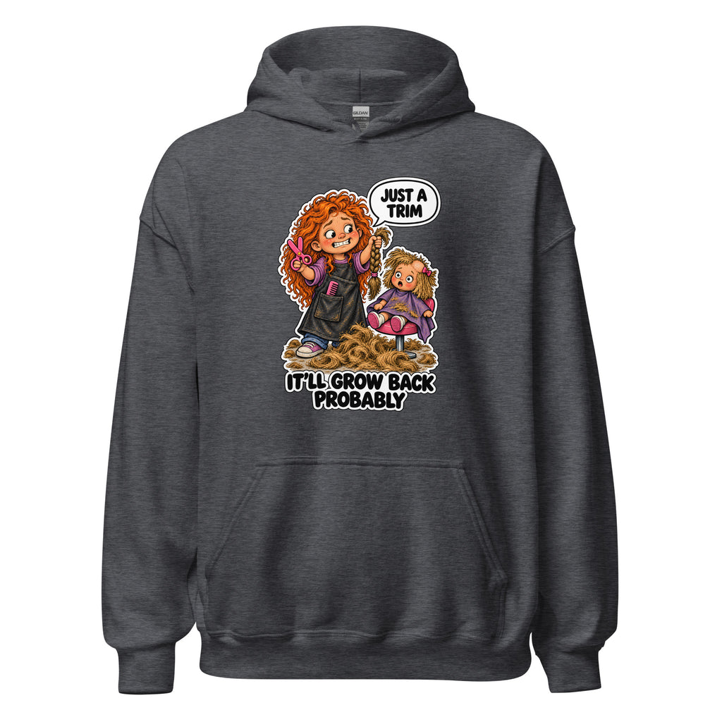 Hairdresser Holly hoodie in Dark Heather, front view