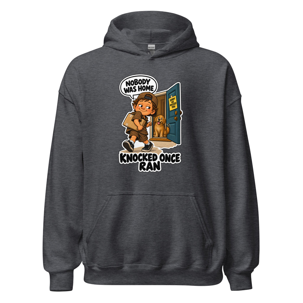 Delivery Dex hoodie in Dark Heather, front view
