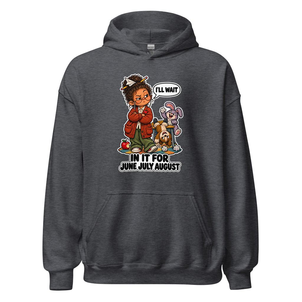 Teacher Trudy hoodie in Dark Heather, front view