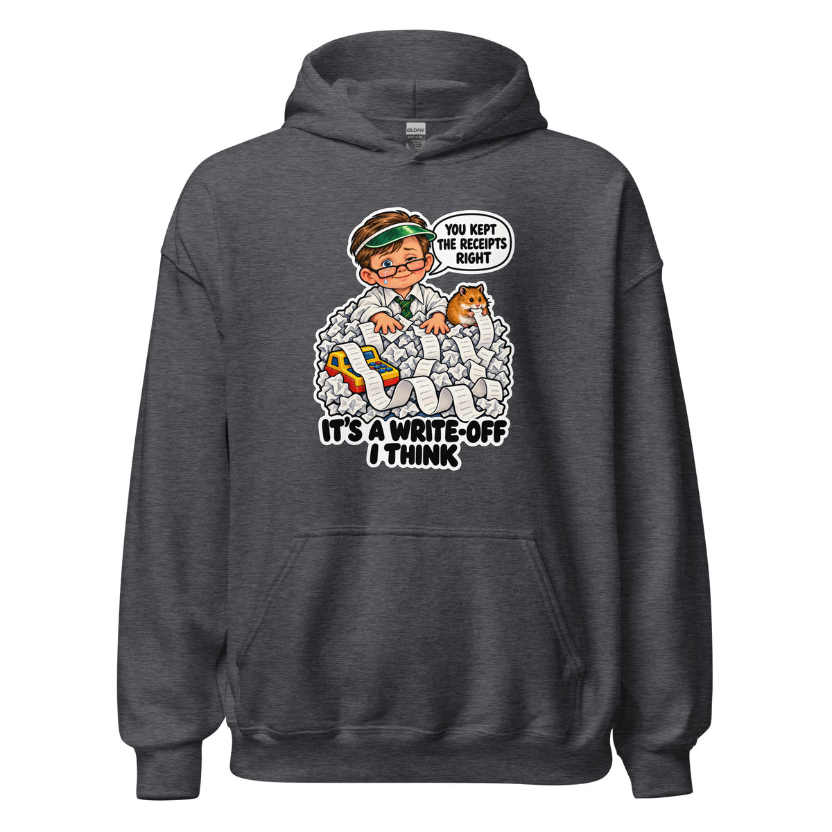 Accountant Andy hoodie in Dark Heather, front view