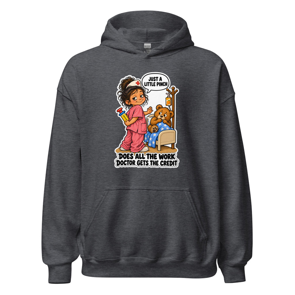 Nurse Nelly hoodie in Dark Heather, front view