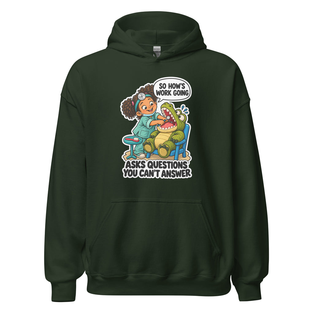 Dentist Dottie hoodie in Forest Green, front view
