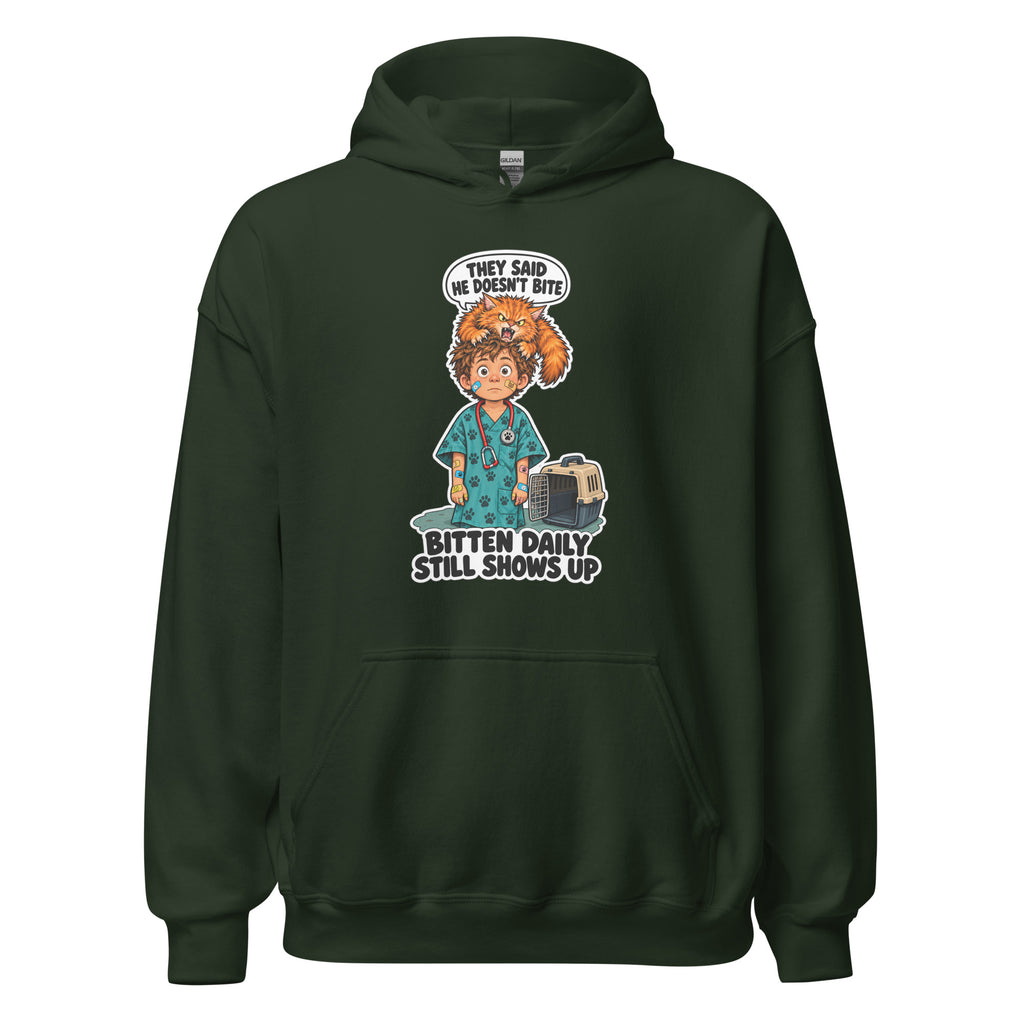 Vet Vinny hoodie in Forest Green, front view
