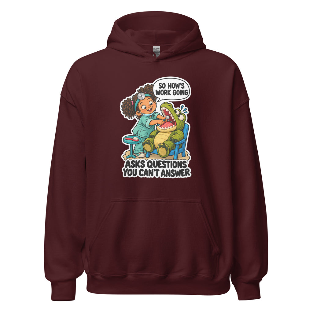 Dentist Dottie hoodie in Maroon, front view