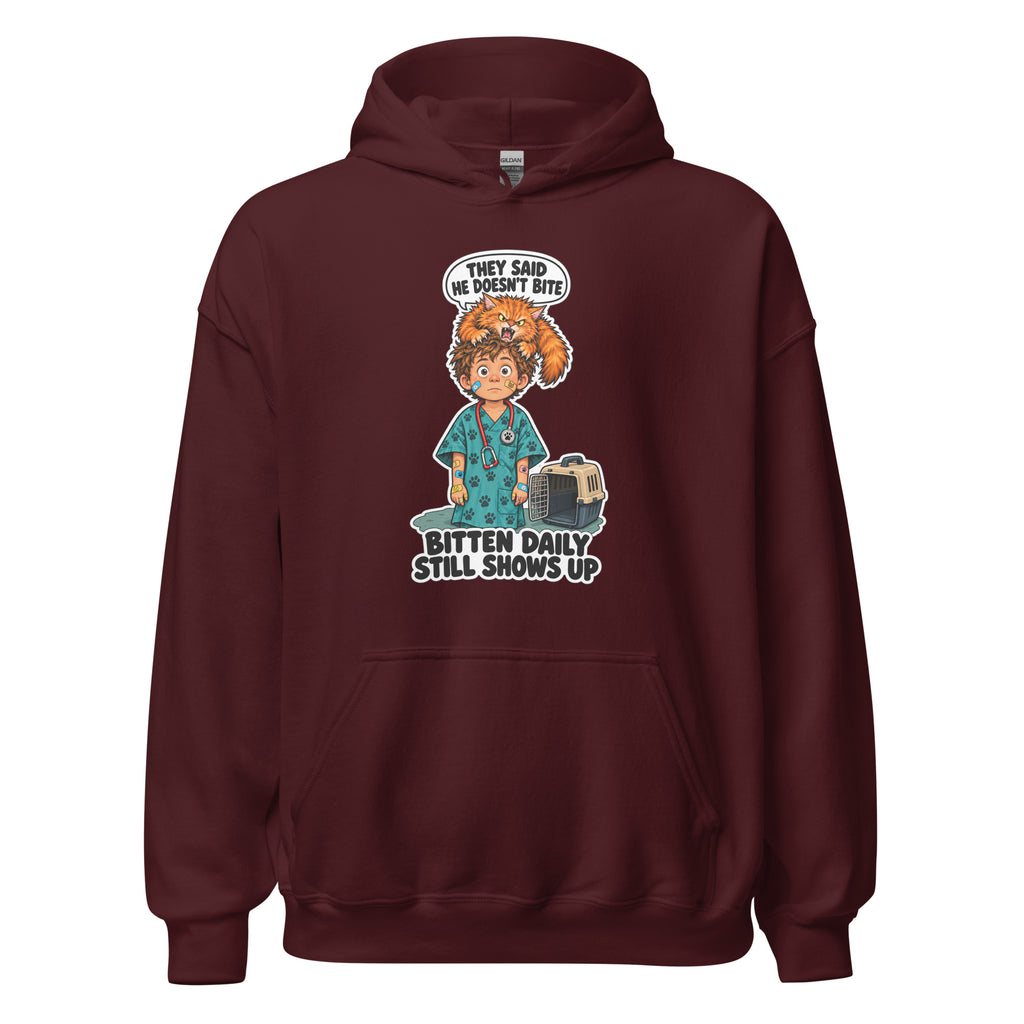 Vet Vinny hoodie in Maroon, front view